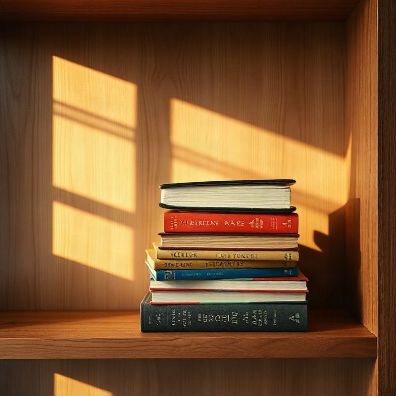 Libros usados apilados en un estante de madera con luz rose-warm