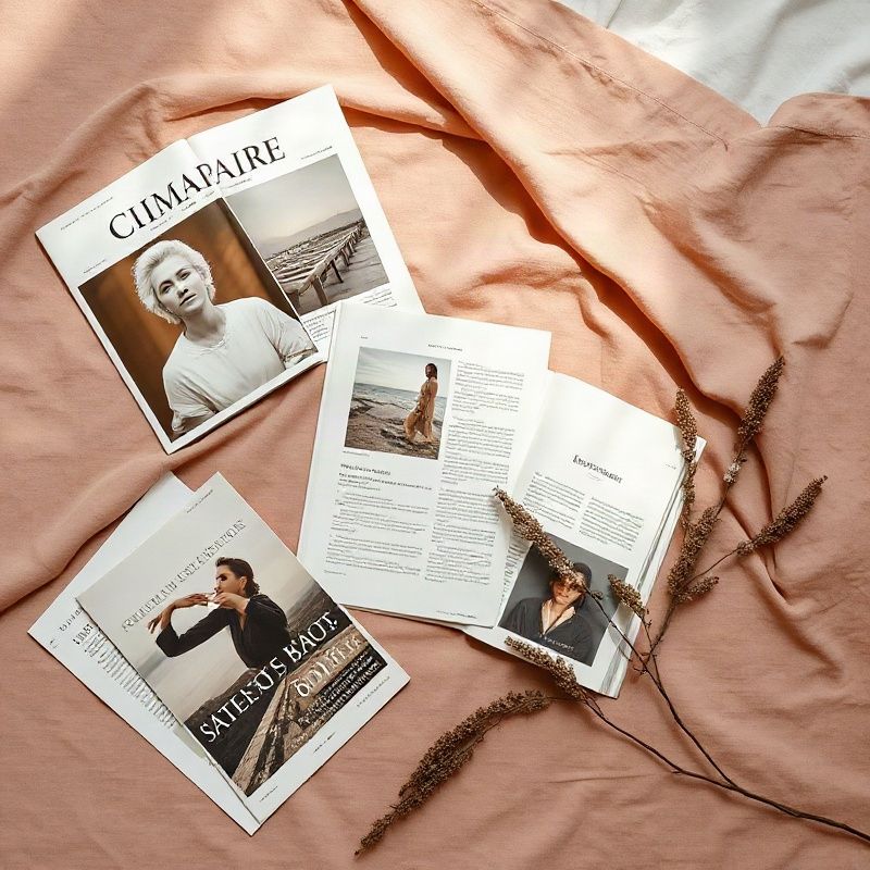 Flat-lay de revistas y artículos impresos sobre lino rose-warm