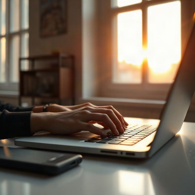 Manos escribiendo en laptop junto a ventana con luz rose-warm de tarde