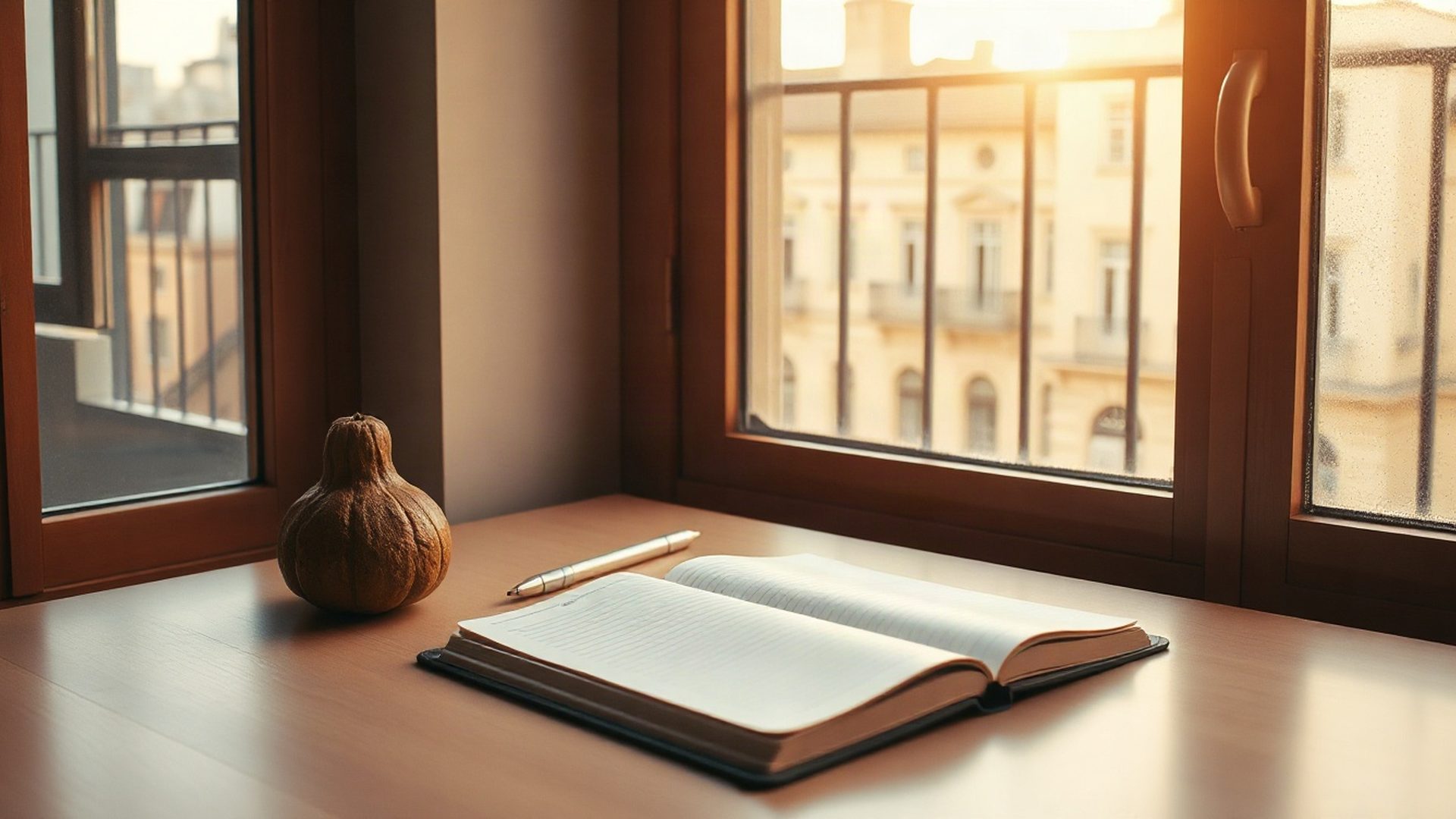 Escritorio editorial con cuaderno abierto y mate en luz cálida del sur